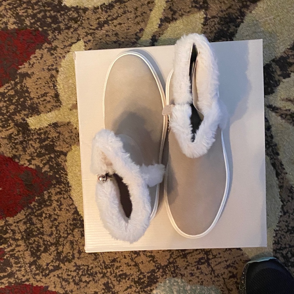 Marc Fisher Cream Ankle Boots with White Fur Trim